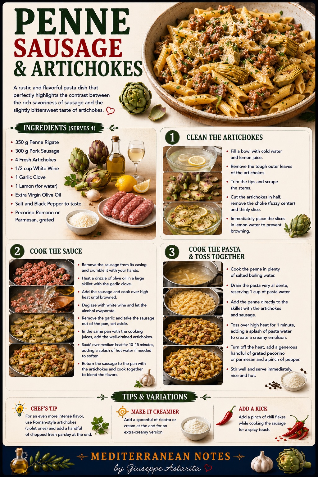 Penne with sausage and artichokes infographic