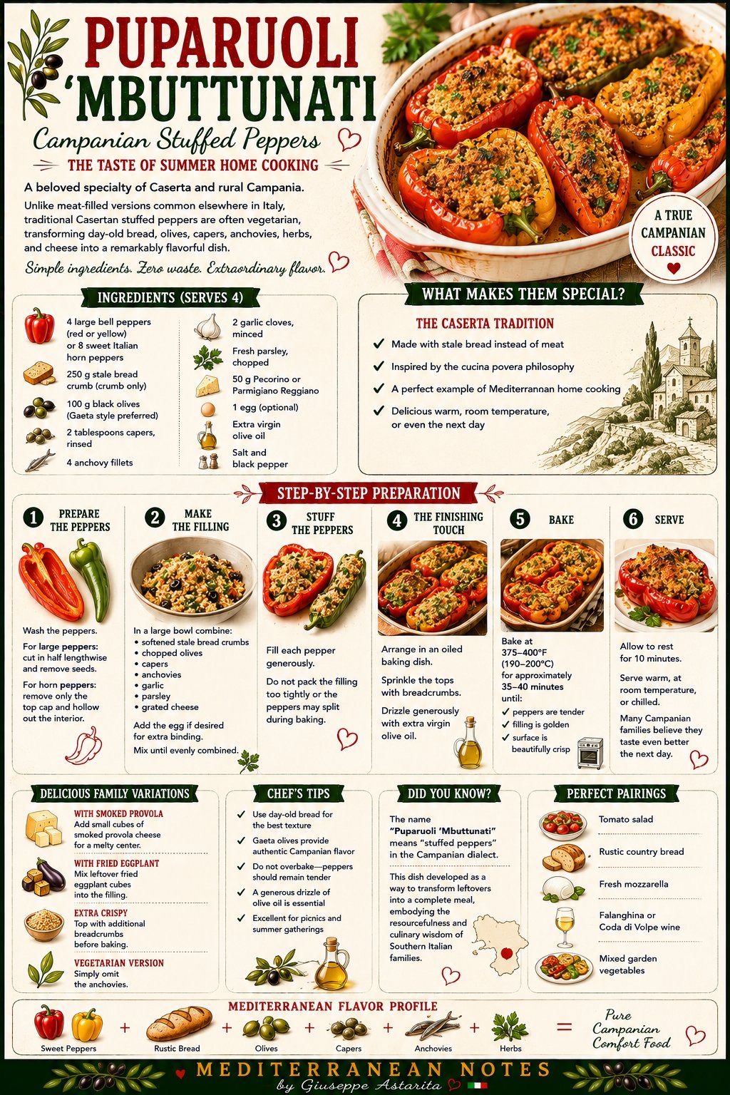 Puparuoli 'mbuttunati — Campanian vegetarian stuffed peppers, step-by-step infographic