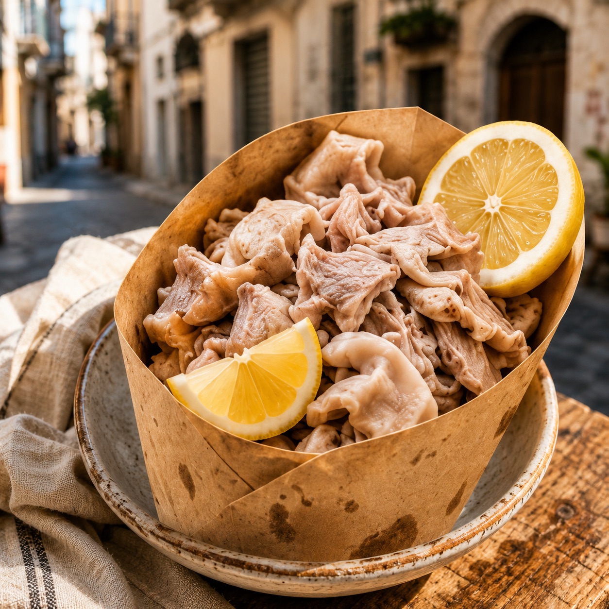 'O pere e 'o musso — sliced pig's foot and calf's muzzle in a paper cone with lemon wedges, in a Naples alley