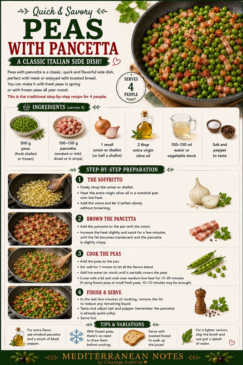 Peas with Pancetta — quick and savory Italian side dish infographic