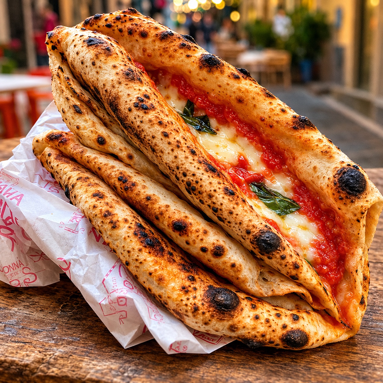 Pizza a portafoglio — a Neapolitan pizza folded in quarters held in paper, leopard-spotted crust, in a Naples alley