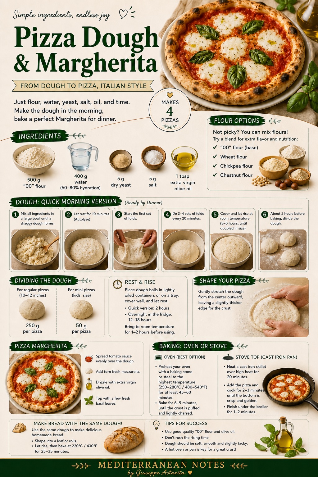 Pizza dough and Margherita infographic — ingredients, method, and tips