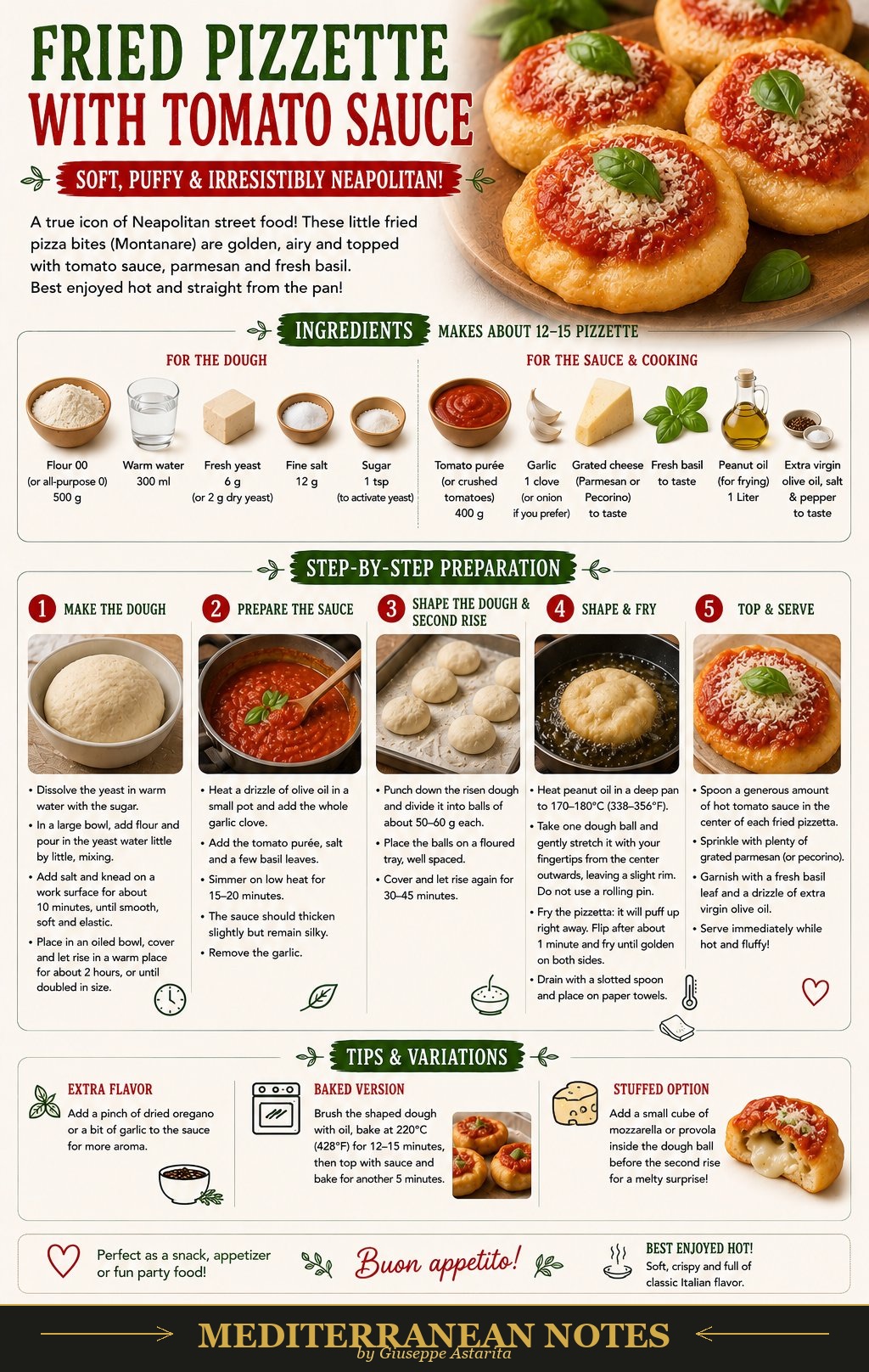 Pizzette fritte infographic — dough, sauce, shaping, and frying