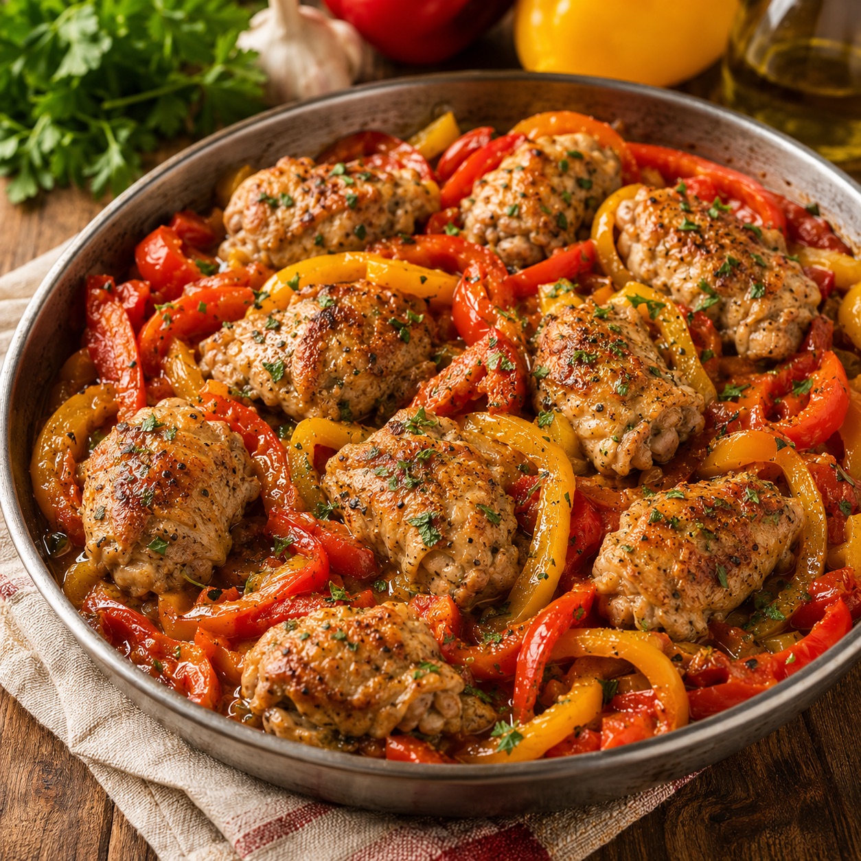 Pollo con peperoni in a wide pan — golden chicken pieces with red and yellow pepper strips, translucent onion, in a glossy pan sauce