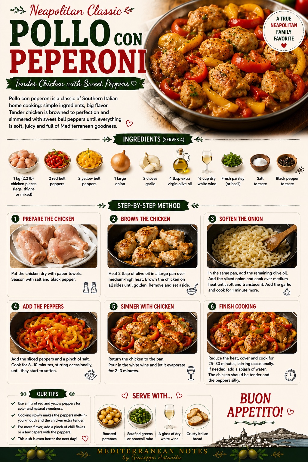 Pollo con peperoni — Neapolitan chicken with sweet peppers infographic, Mediterranean Notes by Giuseppe Astarita