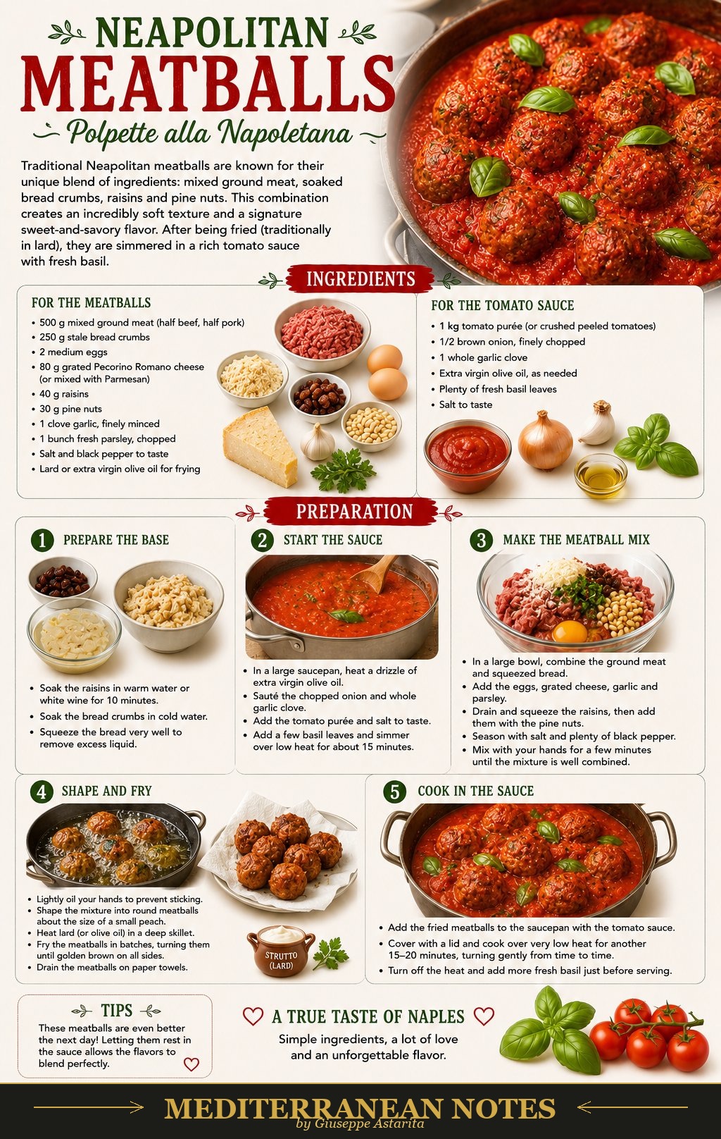 Polpette alla napoletana infographic — ingredients, preparation, and tips