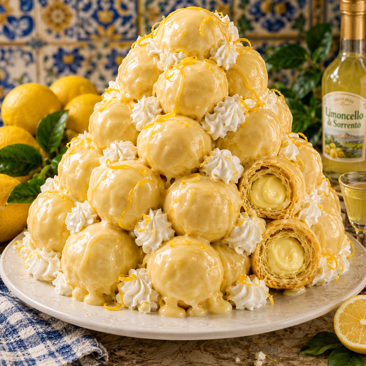 Profiteroles alla crema di limone — pyramid of lemon-glazed cream puffs with whipped cream, lemon zest and limoncello