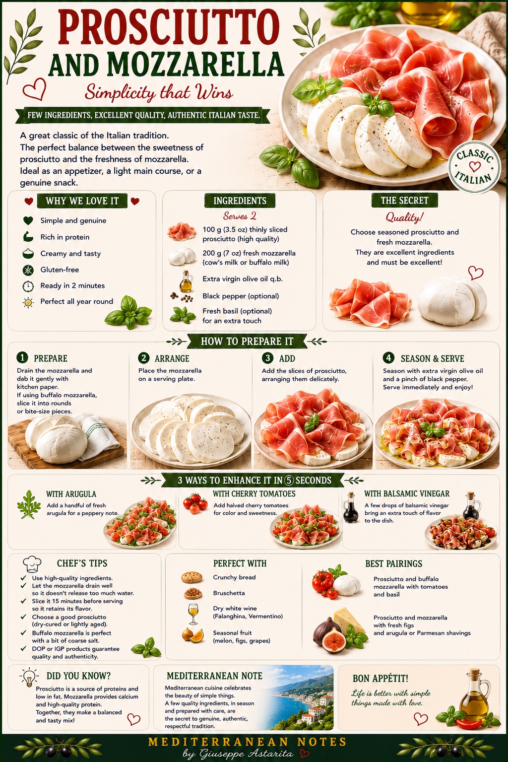 Prosciutto e mozzarella — quality, temperature, olive oil