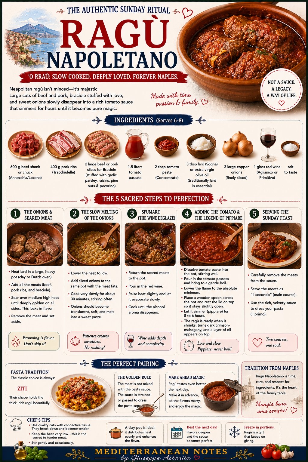 Ragù napoletano infographic — 5 sacred steps, braciole, the pippiare method