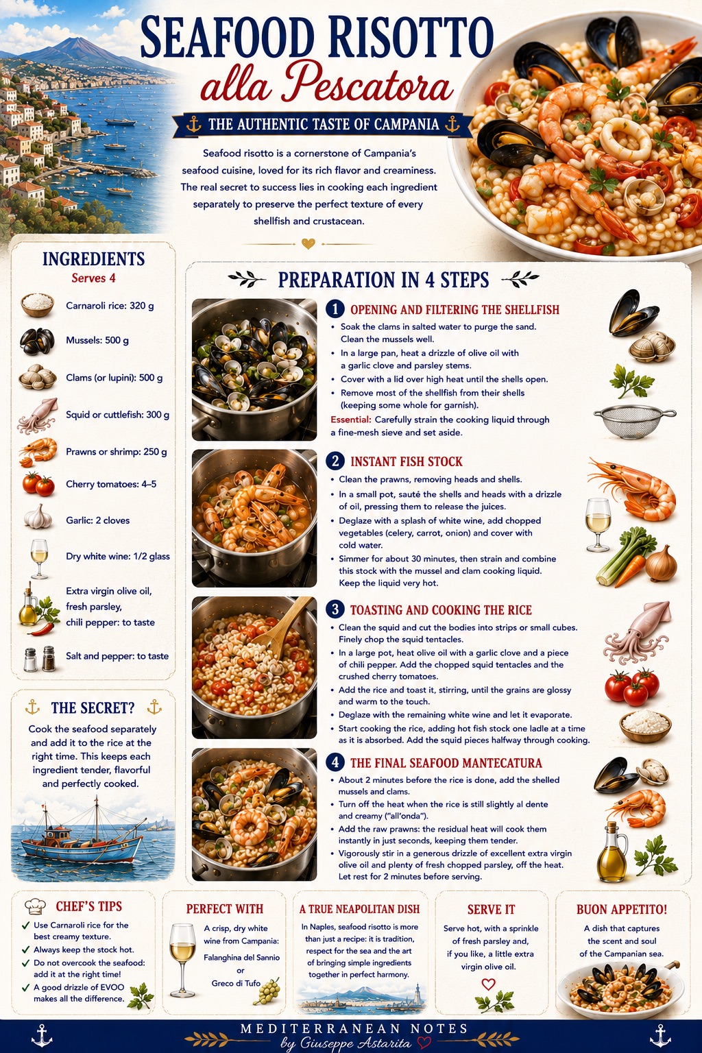 Risotto alla pescatora -- il sapore autentico della Campania, con Carnaroli, cozze, vongole, calamari e gamberi, Mediterranean Notes
