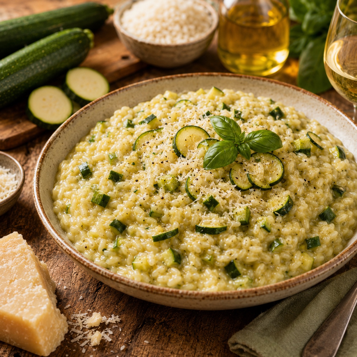 Risotto di zucchine — creamy risotto with zucchini pieces and basil in a ceramic bowl with grated Parmigiano