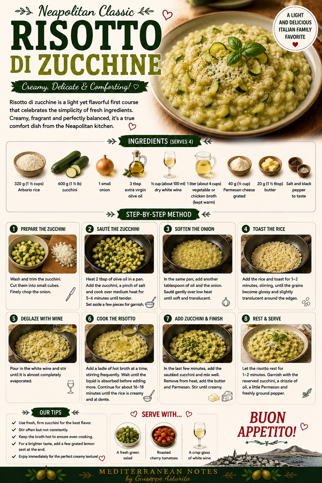 Risotto di Zucchine — step by step infographic, Mediterranean Notes by Giuseppe Astarita