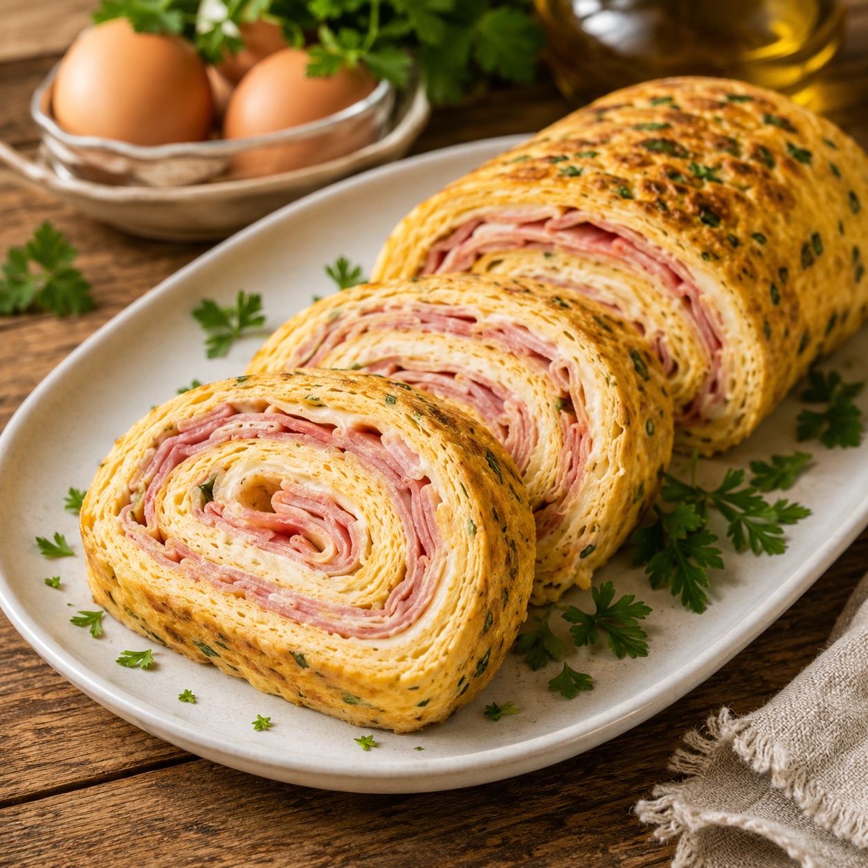 Slices of a rolled frittata showing spirals of ham and melted cheese, on a white plate with parsley