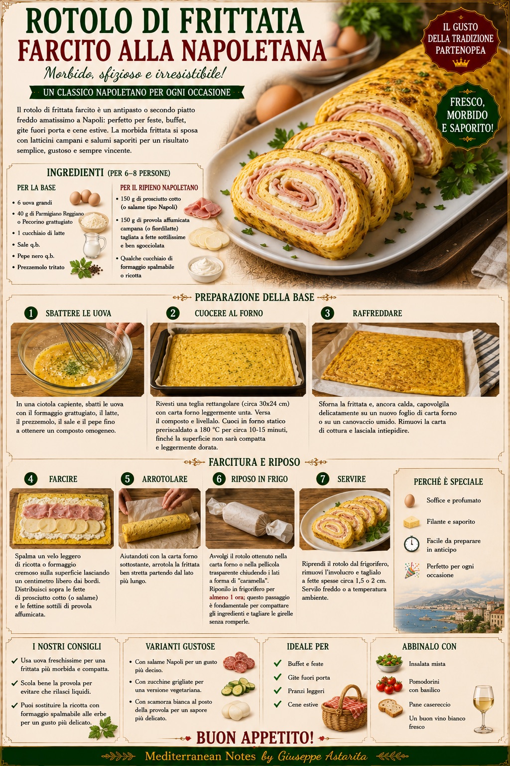 Rotolo di Frittata Farcito — step by step infographic, Mediterranean Notes