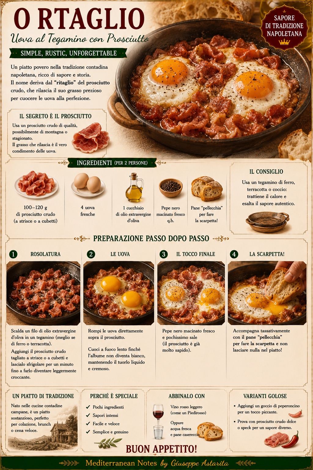 ’O Rtaglio — Uova al Tegamino con Prosciutto — step by step infographic, Mediterranean Notes