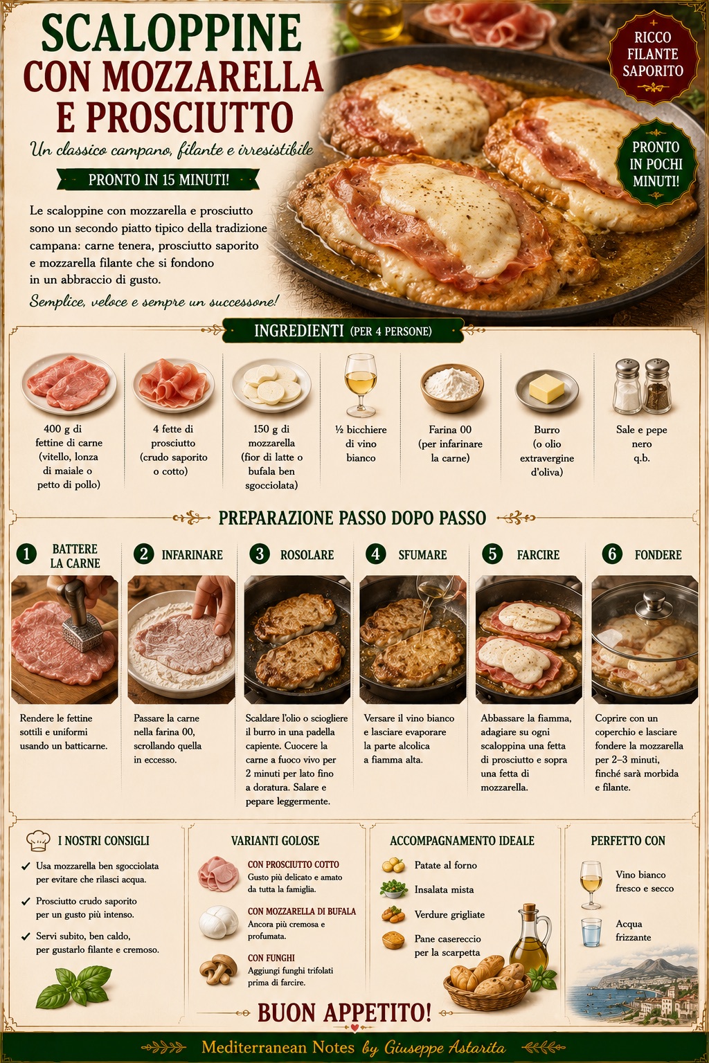 Scaloppine con Mozzarella e Prosciutto — step by step infographic, Mediterranean Notes