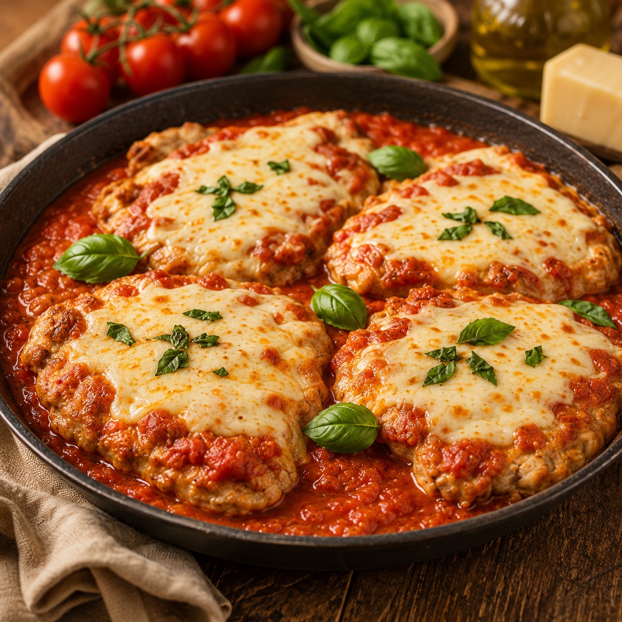 Veal cutlets in red tomato sauce under melted white mozzarella scattered with basil leaves, in a pan