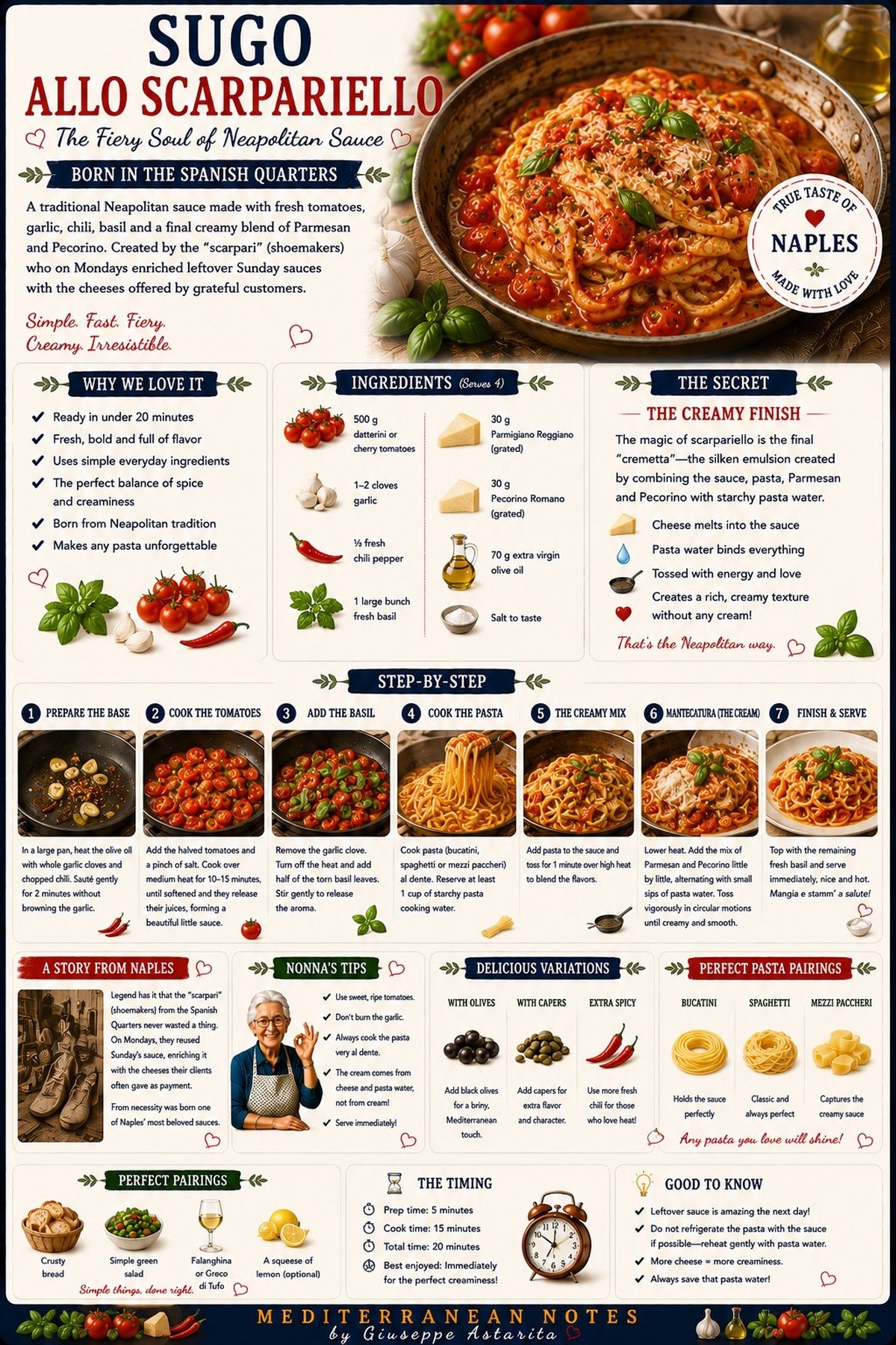Pasta allo scarpariello — the shoemaker's pasta infographic by Giuseppe Astarita
