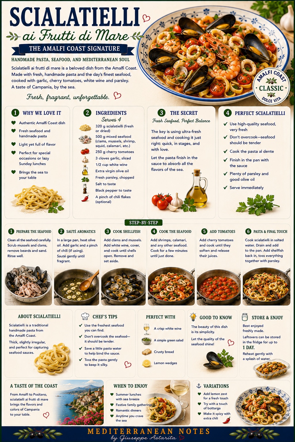 Scialatielli ai frutti di mare -- stage the seafood, finish the pasta in the sauce