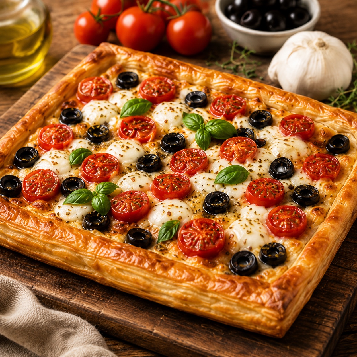 A rectangular puff-pastry tart topped with cherry tomatoes, white mozzarella, black olives and basil on a wooden board