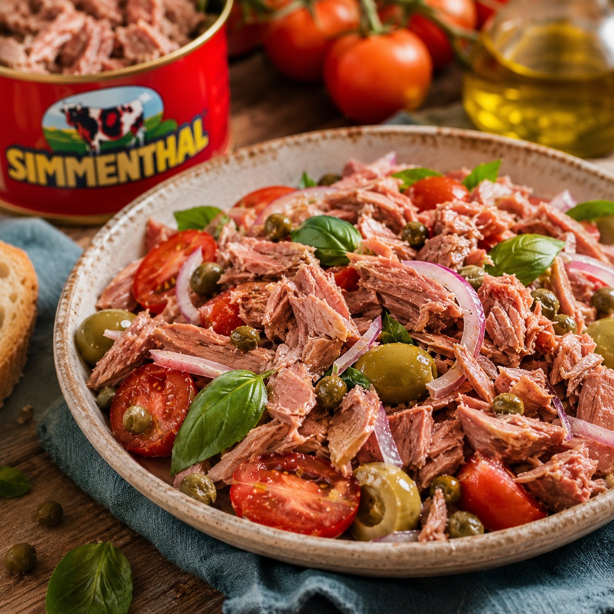 Simmenthal canned beef summer salad — with tomatoes, olives, red onion, and fresh basil