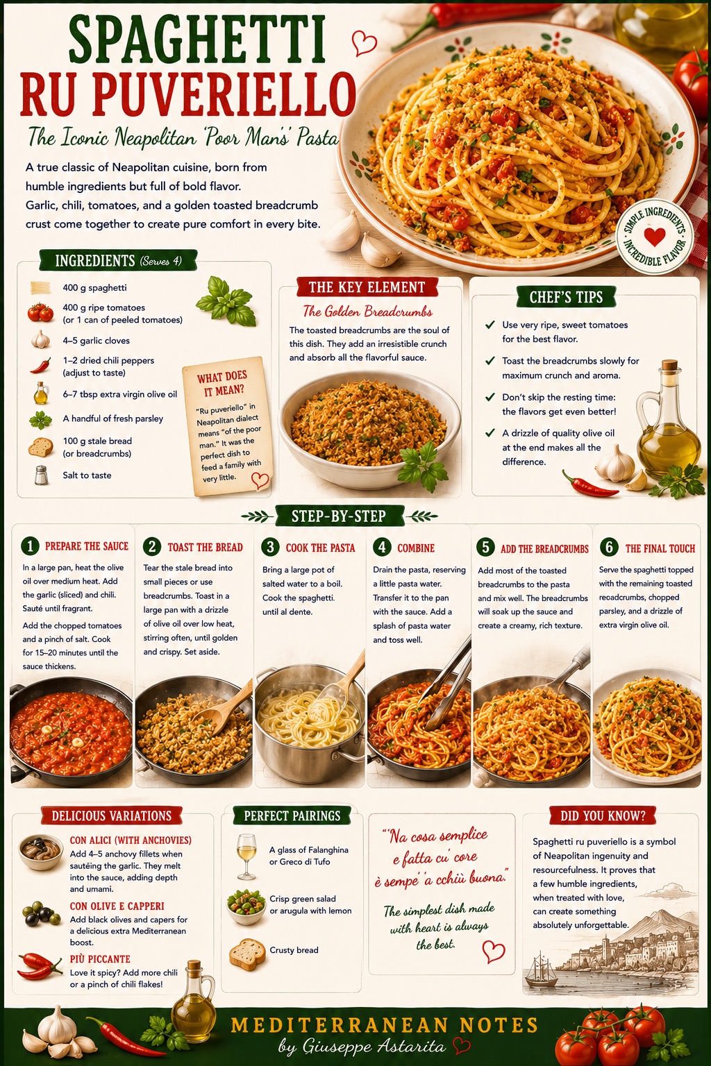 Spaghetti ru puveriello — tomato, garlic, chili, golden breadcrumbs on top