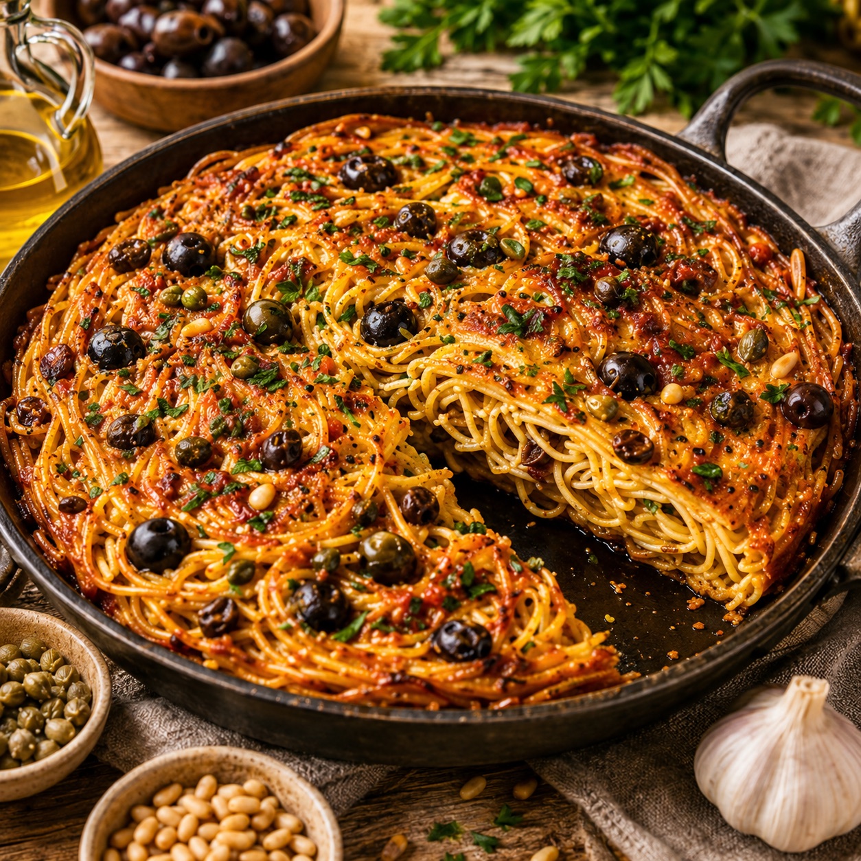Spaghetti allo scammaro pressed into a golden frittata in a cast iron pan, with olives, capers and pine nuts
