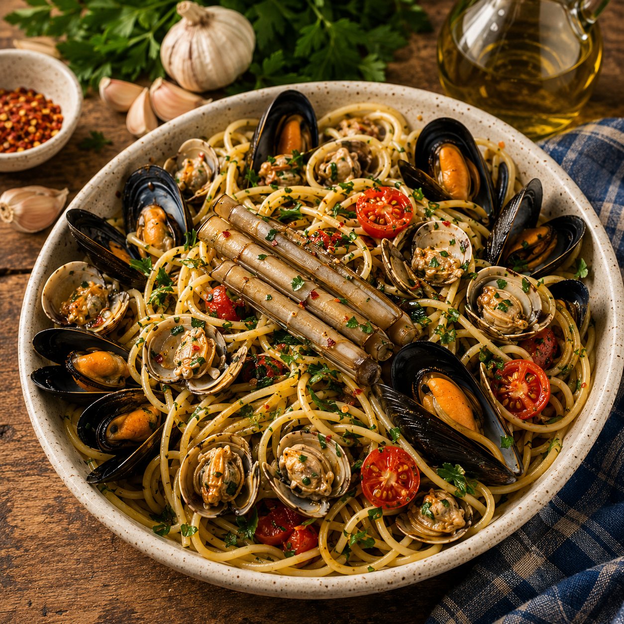 Spaghetti allo scoglio — mussels, clams, razor clams, Christmas Eve pasta