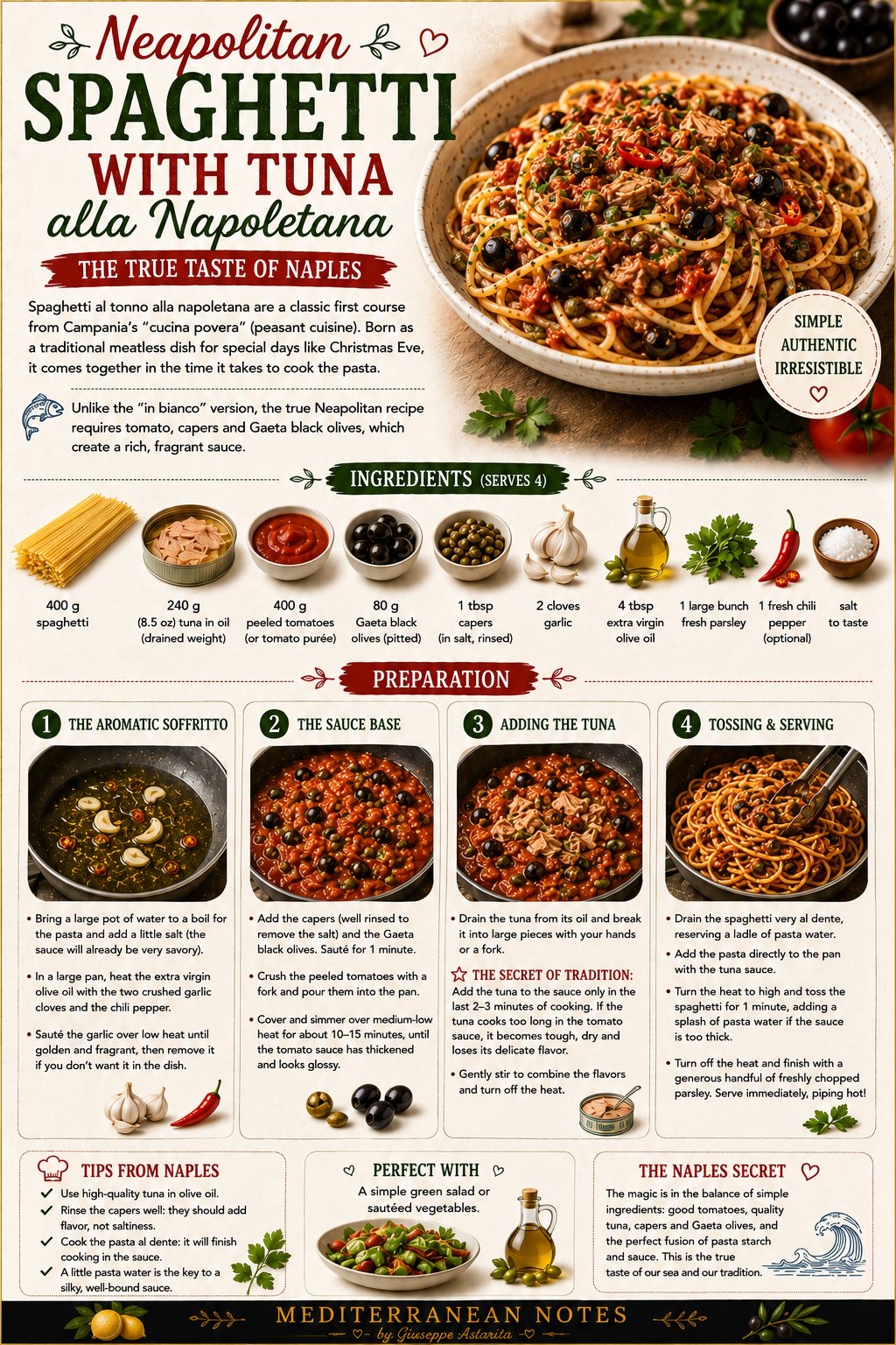 Spaghetti al tonno alla napoletana infographic — ingredients and preparation
