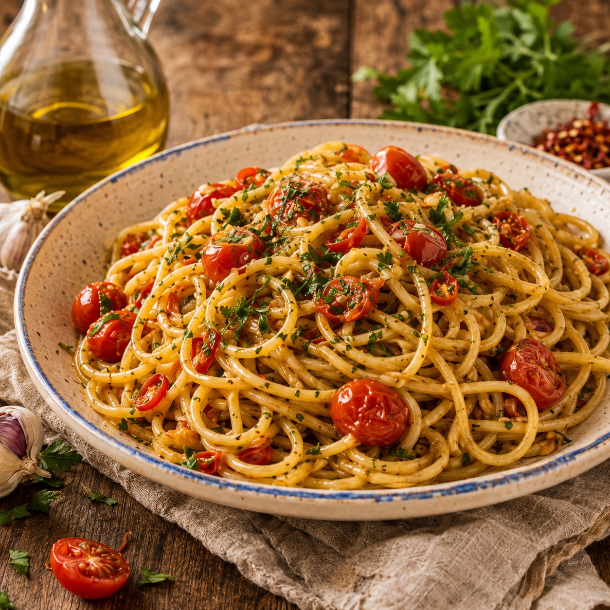 Spaghetti alle vongole fujute — golden spaghetti with blistered cherry tomatoes and fresh parsley, no clams