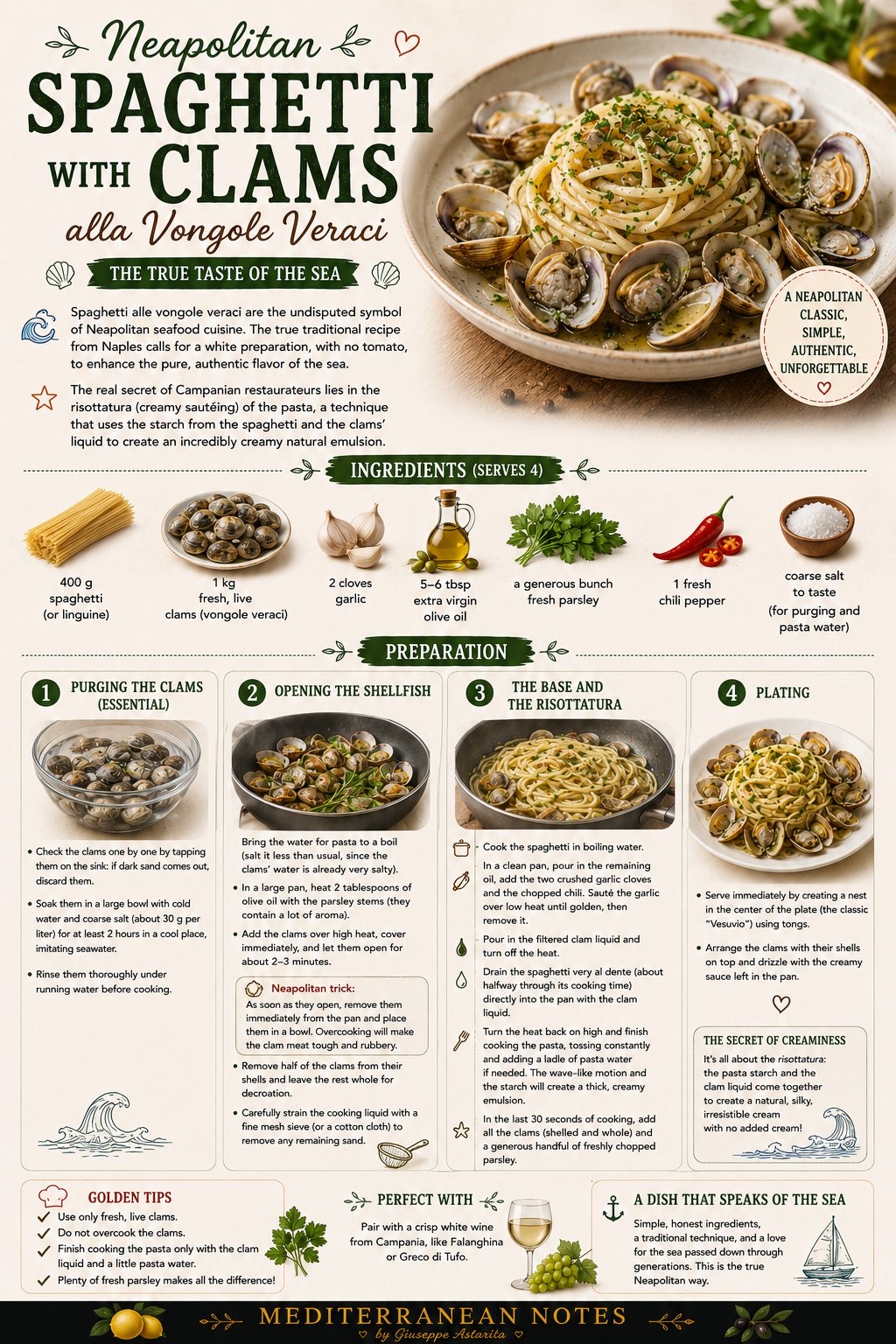 Spaghetti alle vongole veraci infographic — the Neapolitan method