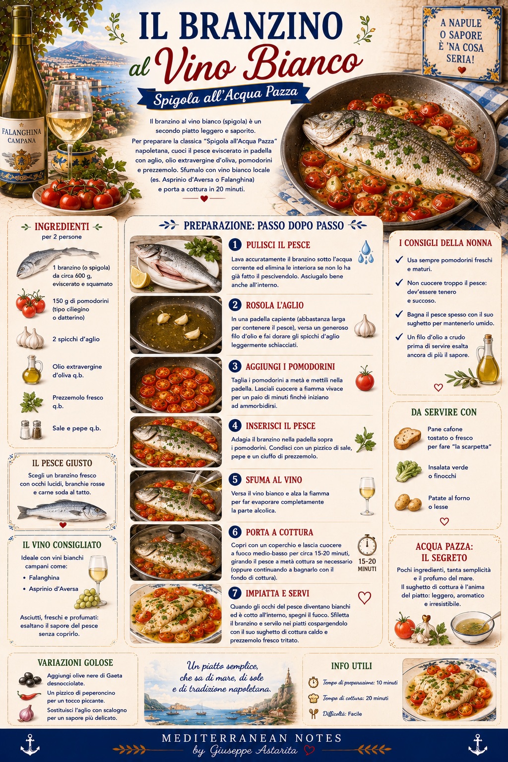 Branzino al vino bianco -- spigola all'acqua pazza napoletana, con Falanghina e pomodorini, Mediterranean Notes