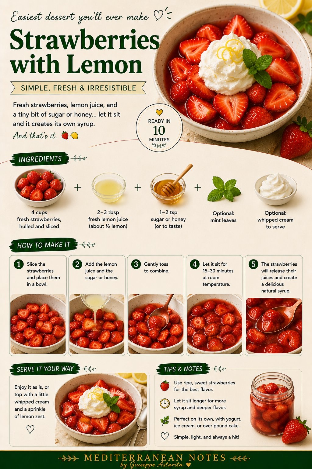Strawberries with lemon infographic — ingredients and method