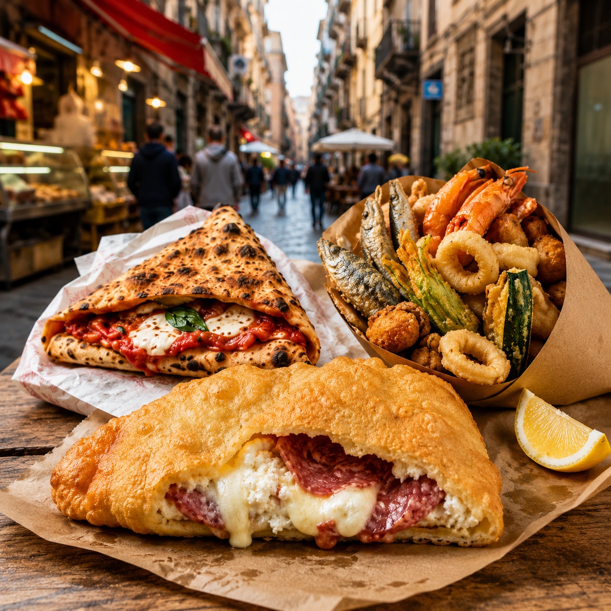 Neapolitan street food — pizza a portafoglio, pizza fritta and a cuoppo of fried seafood on a wooden table in a Naples alley