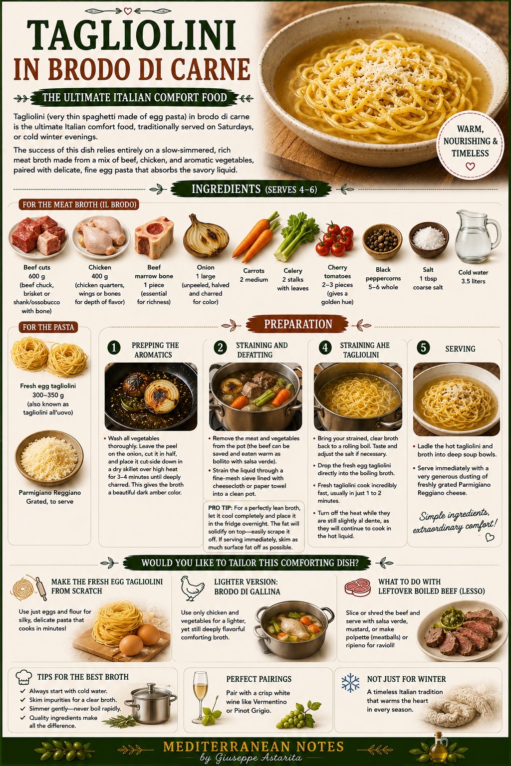 Tagliolini in brodo di carne infographic — ingredients and preparation