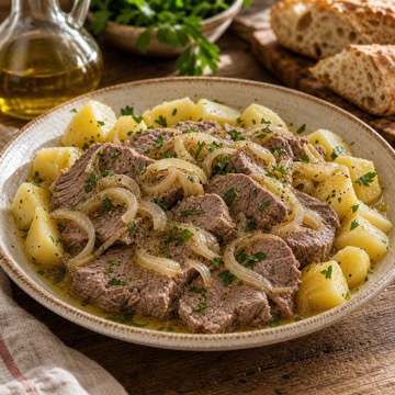 Leftover boiled beef with onions and potatoes