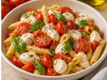 Pasta with tomatoes, basil and mozzarella