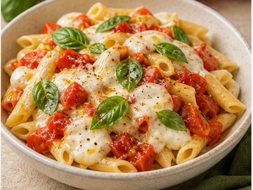 Pasta con mozzarella e basilico