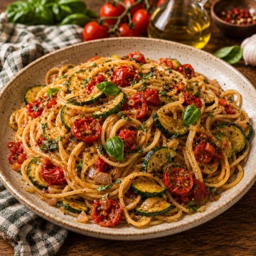 Pasta con zucchine, cipolle e pomodorini