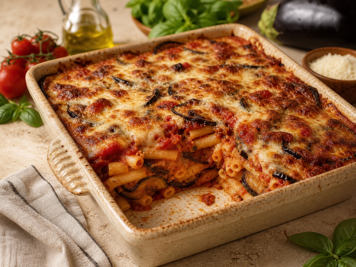 Timballo di melanzane con ziti