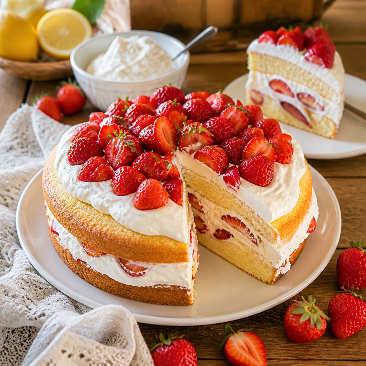 Torta di pan di spagna con chantilly e fragole