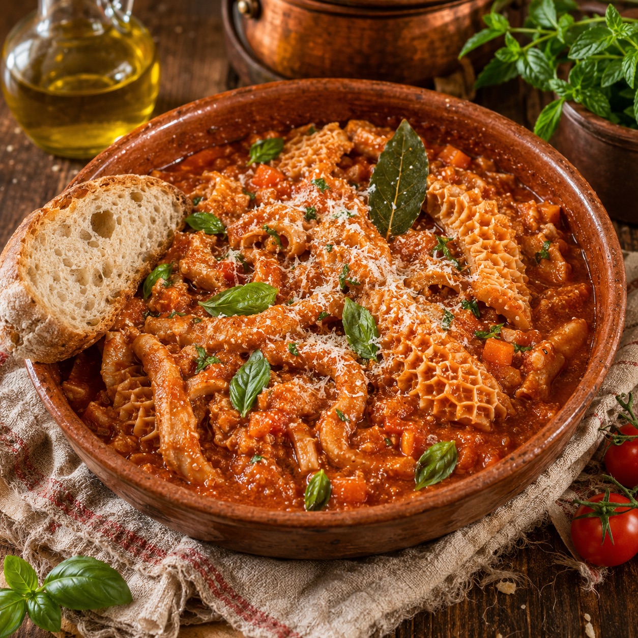 Trippa alla napoletana — honeycomb tripe in tomato sauce with fresh mint, pecorino and toasted bread