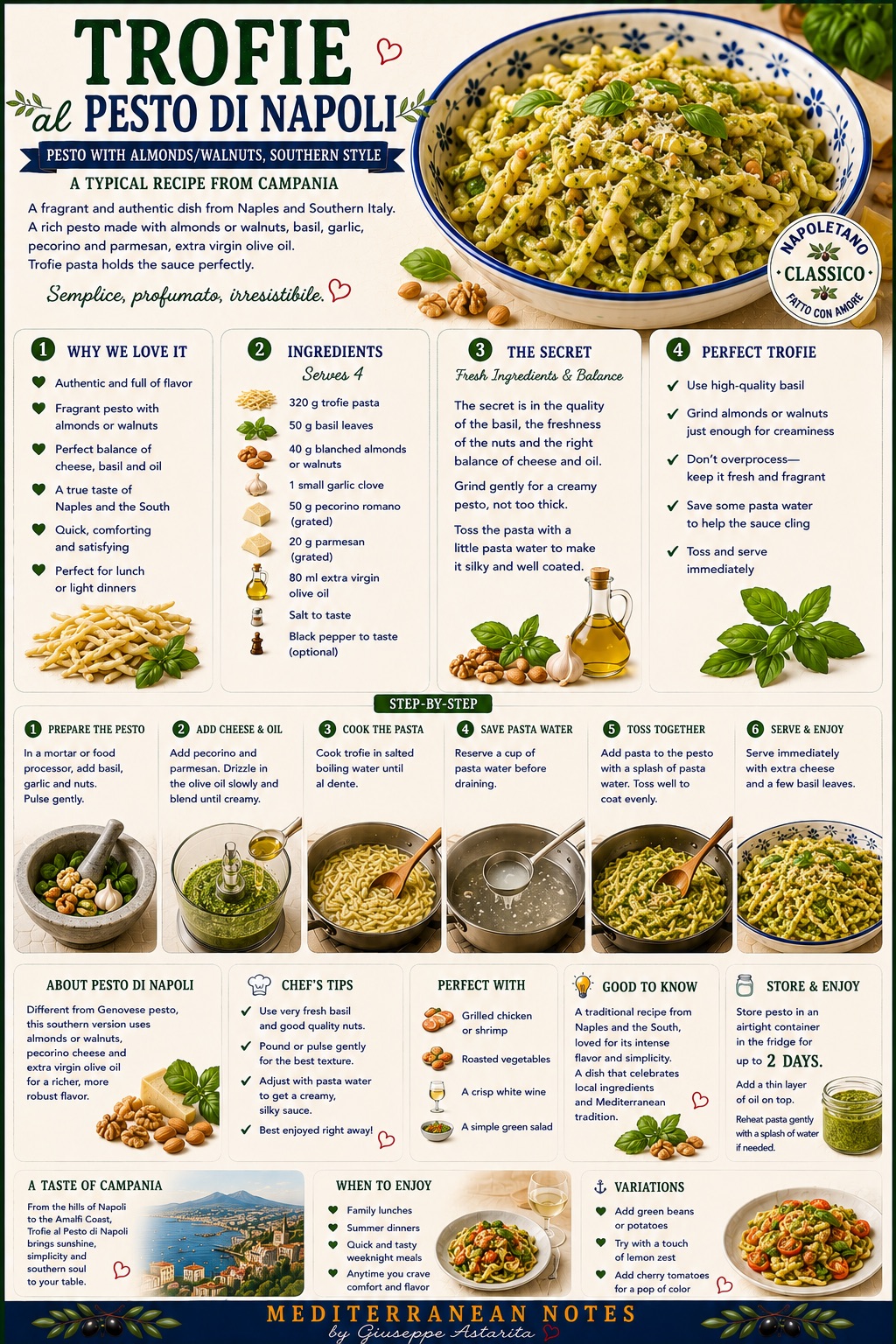 Trofie al pesto di Napoli -- almonds or walnuts, Pecorino Romano, pulse gently, pasta water to adjust