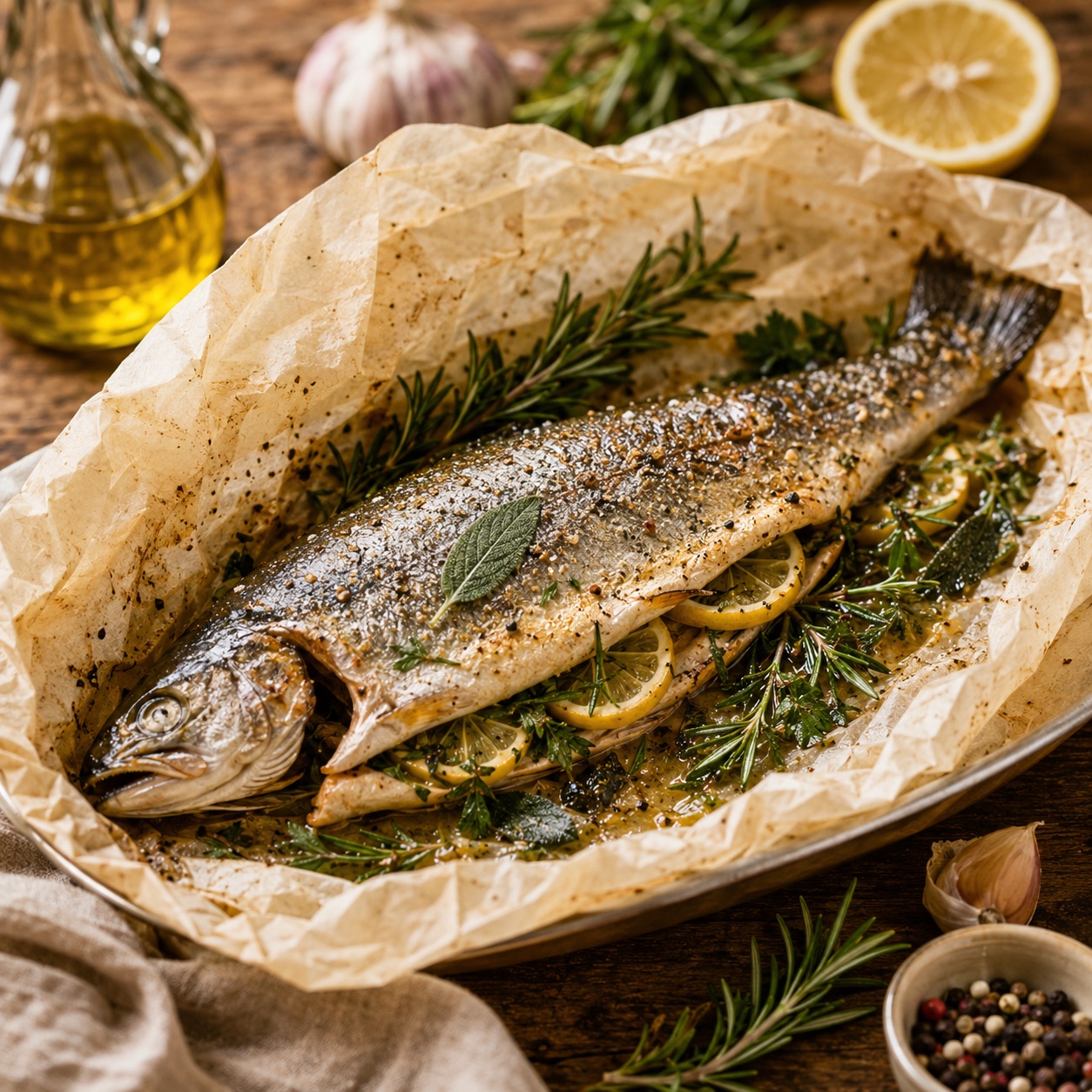 Trota al cartoccio — whole trout in an opened parchment parcel with lemon slices, rosemary and sage