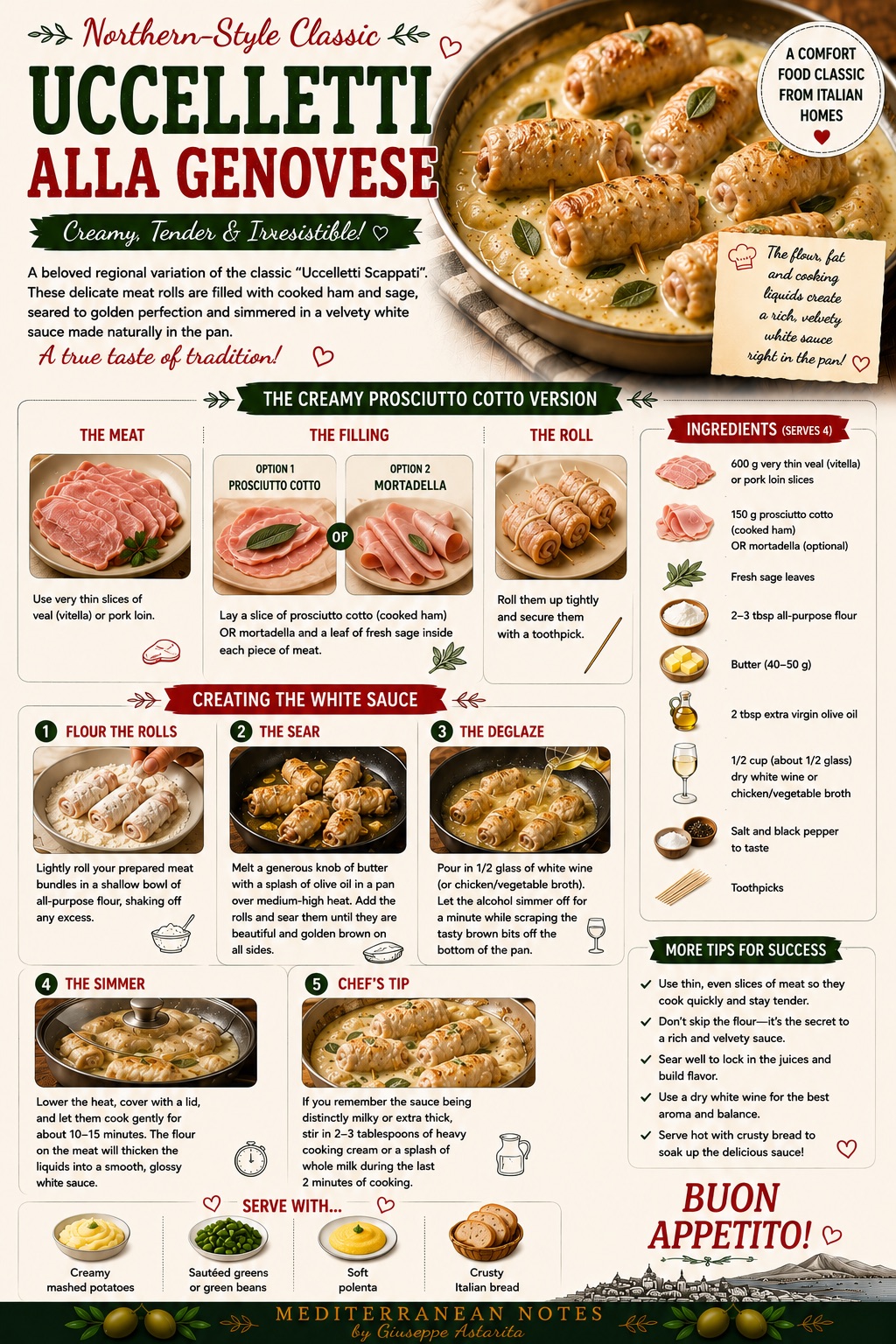 Uccelletti alla genovese — creamy meat rolls infographic, Mediterranean Notes by Giuseppe Astarita