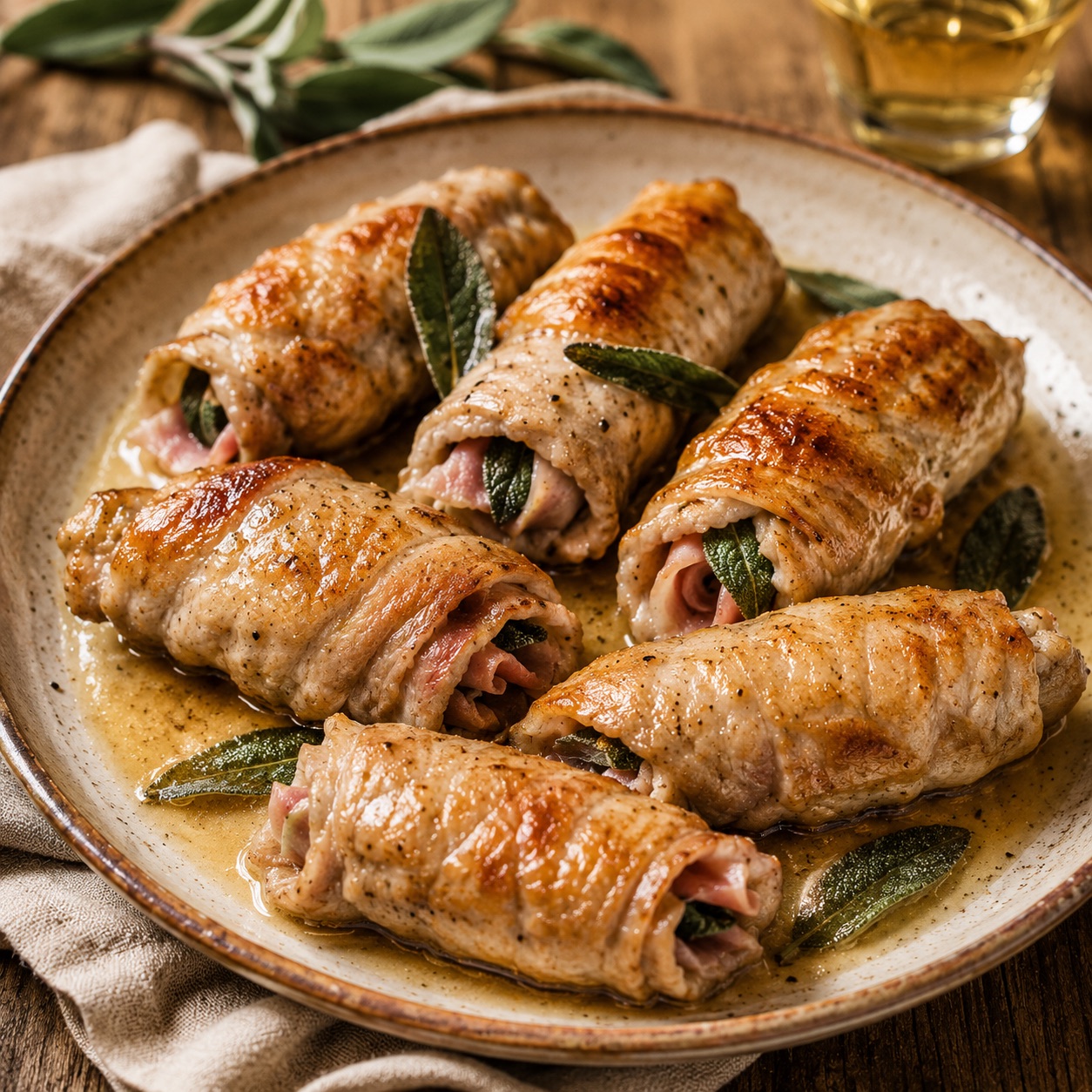 Uccelletti scappati on a wooden board — golden skewered meat rolls with sage leaves visible between them