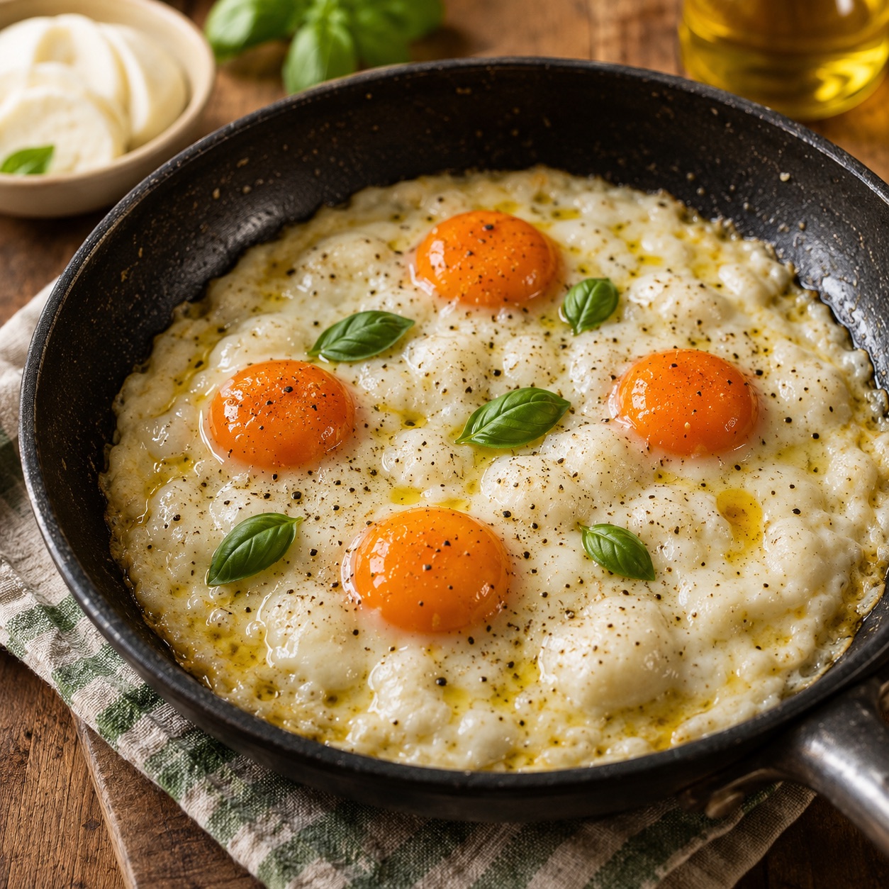 Uova al tegamino con mozzarella in a cast iron skillet — orange yolks intact, mozzarella melted white around them, fresh basil leaves
