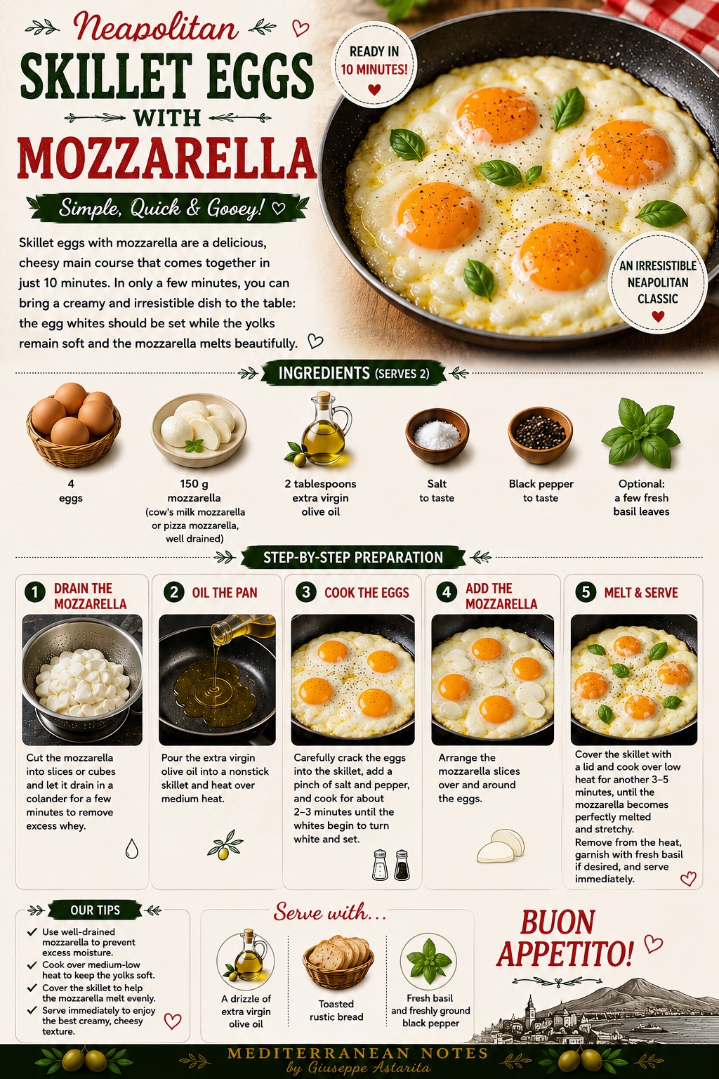 Uova al tegamino con mozzarella — step by step infographic, Mediterranean Notes by Giuseppe Astarita