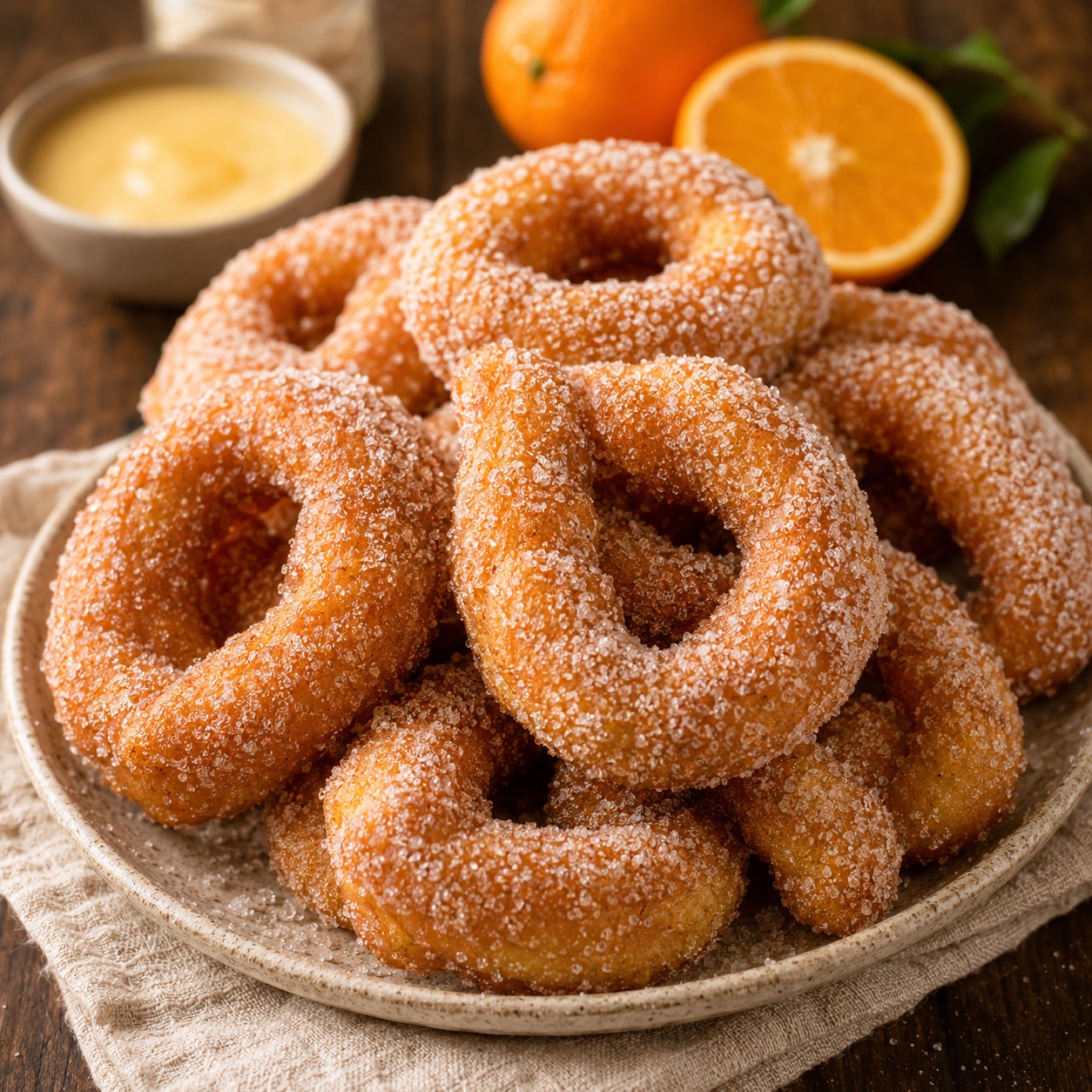 Plate of sugar-coated zeppoline di patate, golden and round, with orange and lemon in the background