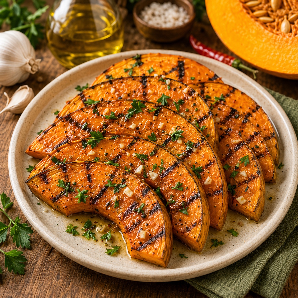Zucca grigliata — grilled slices of Neapolitan long squash on a ceramic plate with parsley, garlic, and olive oil dressing